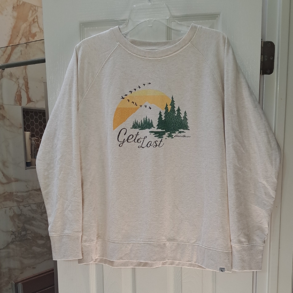 Eddie Bauer Cream Crew Neck Sweater with "Get Lost"